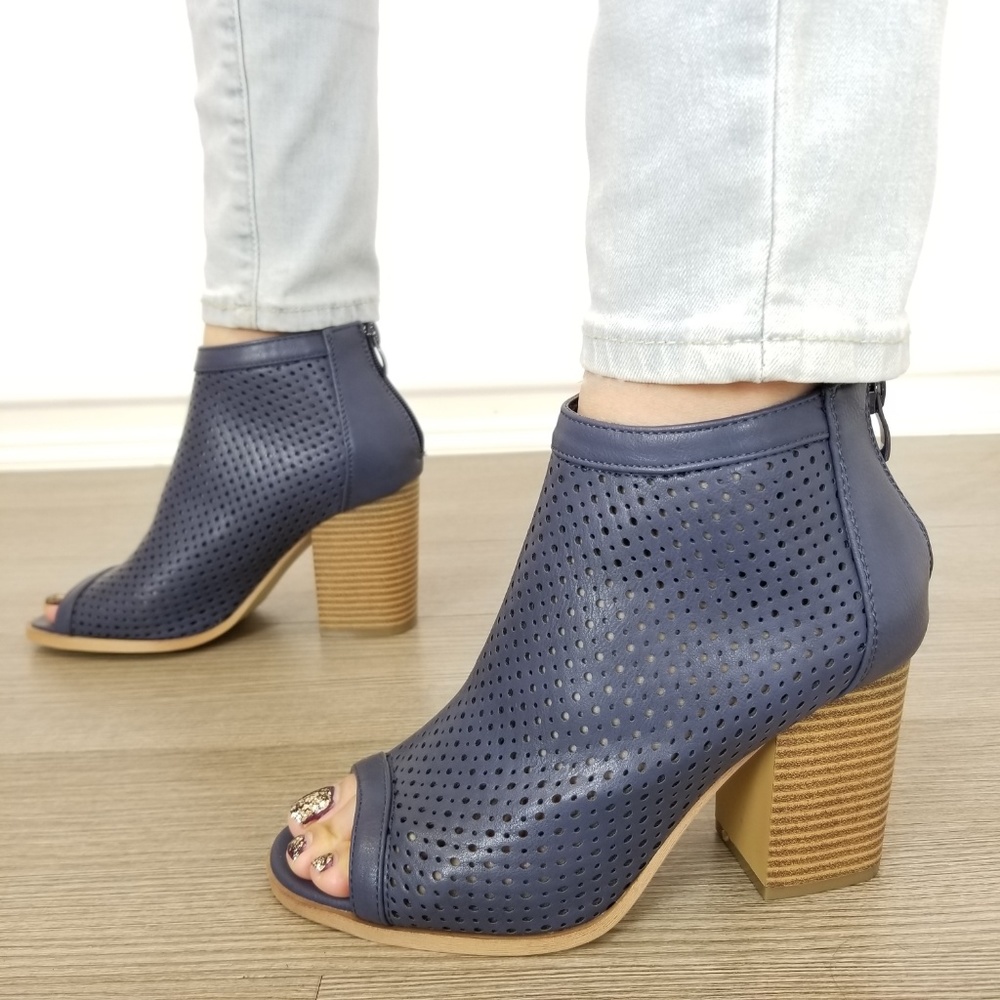 Navy Perforated Heeled Open Toe Ankle Boots - Picture 3 of 7